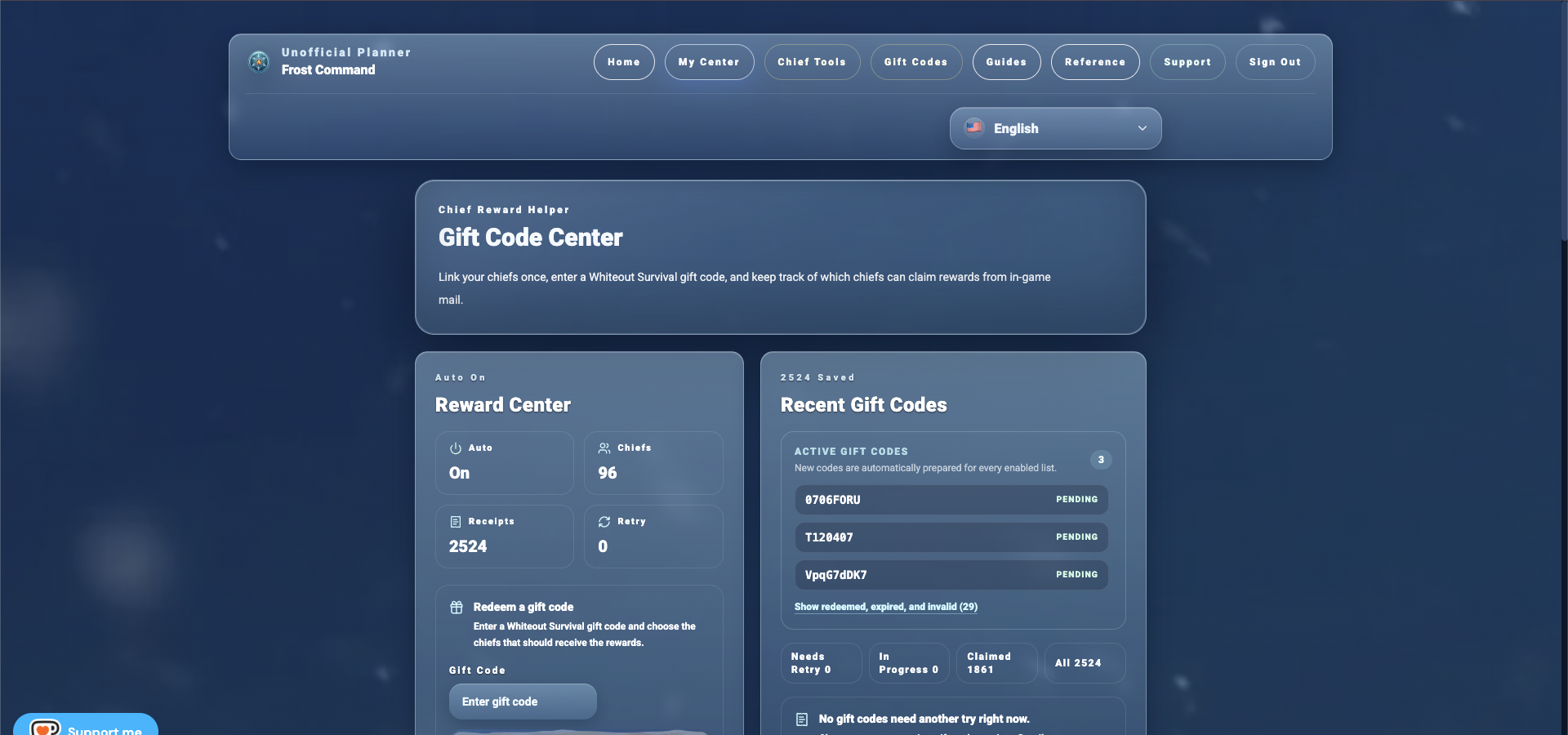 Sanitized Gift Code Center overview showing automatic redemption status, recent codes, and receipt totals.